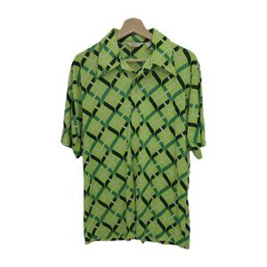 Vintage 60s 70s Di Fini Mens Polo Shirt Pointed Collar Green Print Size Large